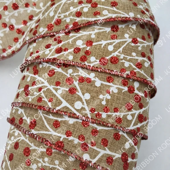 RENAISSANCE 2000 Wired Burlap Ribbon 2.5” Red Glitter Berry Two (2) Yards - Picture 1 of 6